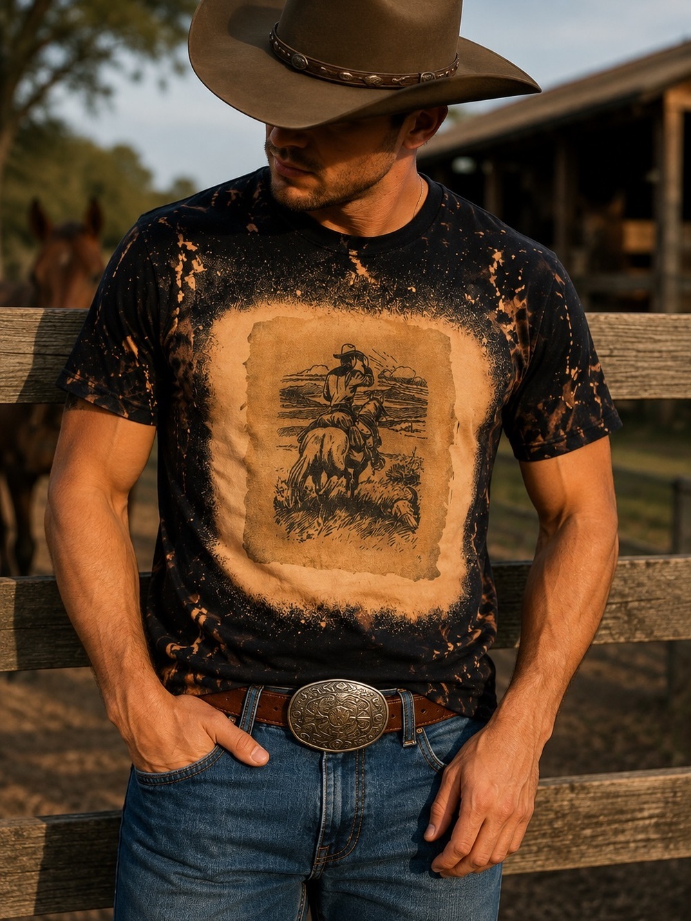 Custom Bleach Western Cowboy Graphic T-Shirt Men’s Medium 100% Cotton